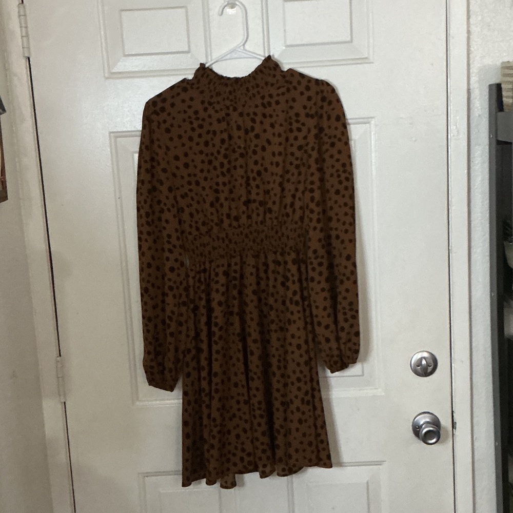 Brown Long Sleeve Polka Dot Dress